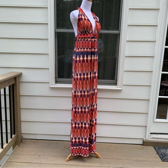 Vix Paula Hermanny Ikat print Peach Pink Cream Blue Jersey Halter Maxi Dress L - Picture 3 of 16